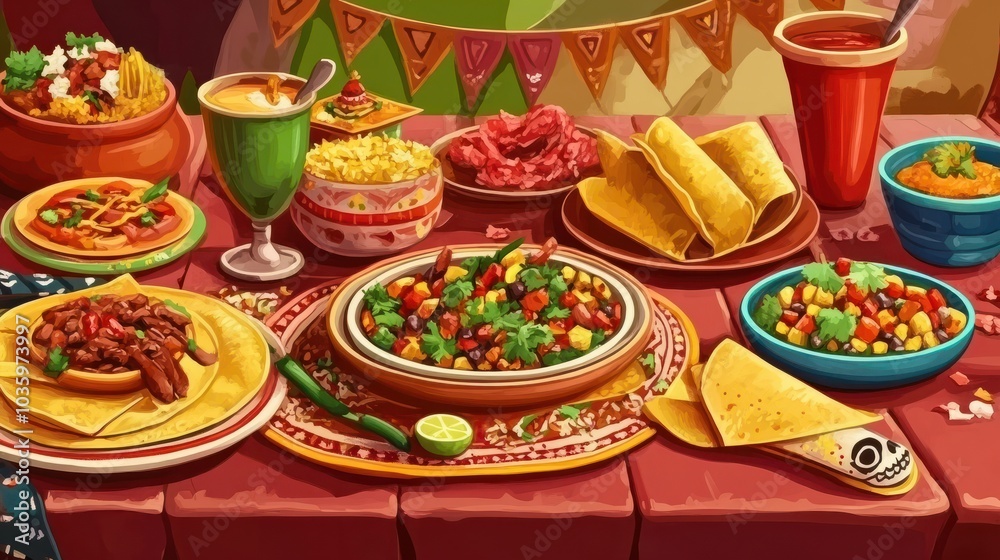 Mexican traditional food on the table. Authentic Mexican cuisine with bright dishes. Concept of cultural celebration, culinary, festive meal, feast, Day of the Dead, Dia de los Muertos celebration