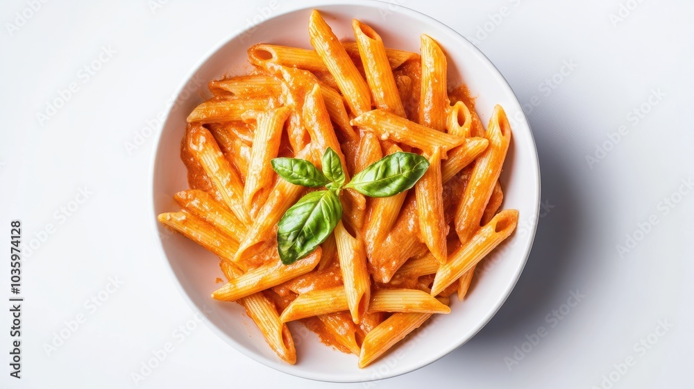 Penne alla Vodka pasta in a pink tomato cream sauce isolated on white background, italian food collection Penne alla Vodka pasta in a pink tomato cream sauce isolated on white background, italian food collection