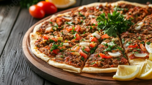 A delectable platter of Turkish lahmacun, thin crust topped with spiced ground meat, tomatoes