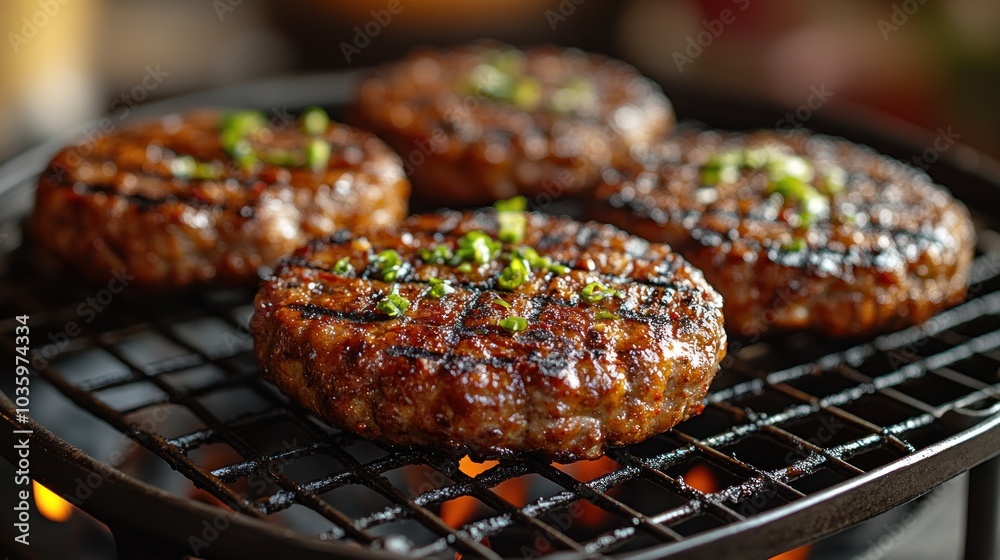 Juicy homemade burgers sizzle on a grill, filling the air with mouthwatering smells Juicy homemade burgers sizzle on a grill, filling the air with mouthwatering smells