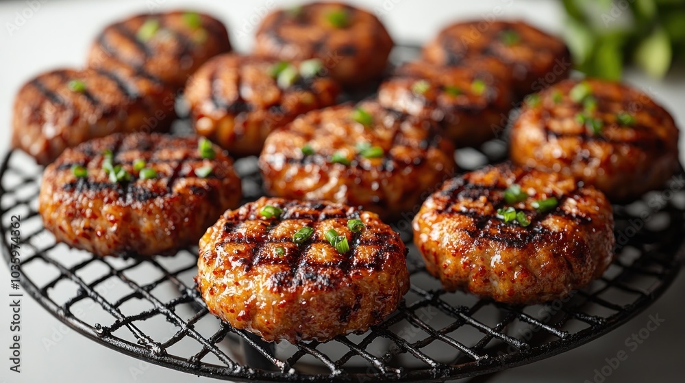 Grilled patties seasoned and sizzling, perfect for summer gatherings Grilled patties seasoned and sizzling, perfect for summer gatherings