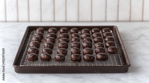 A collection of glossy chocolate treats cooling on a wire rack, awaiting enjoyment