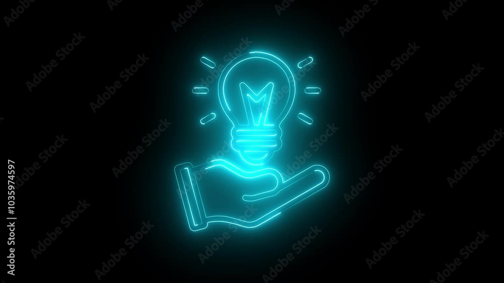 Lamp on open hand with light bulb neon and black background.Glowing neon Idea icon isolated