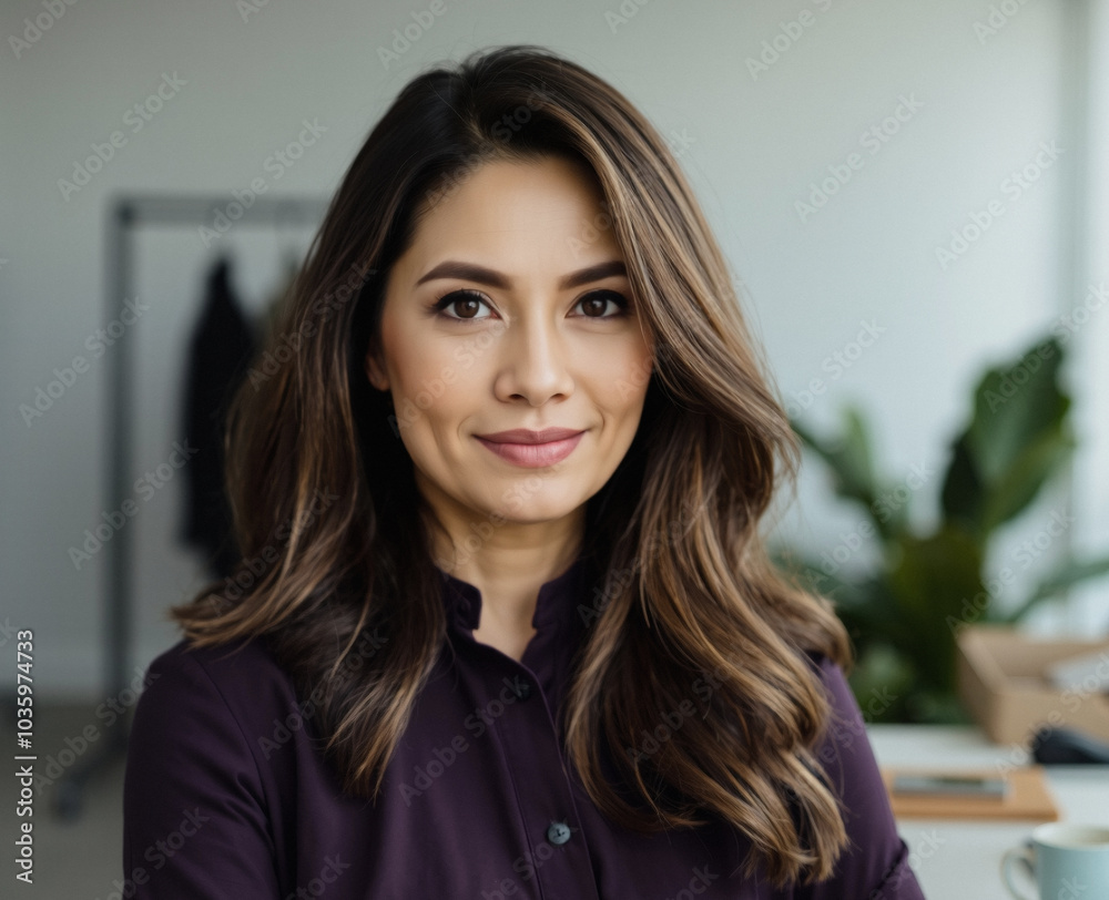beautiful woman in her 40s, dark purple office attire, operations manager, natural sunlight, open office beautiful woman in her 40s, dark purple office attire, operations manager, natural sunlight, open office