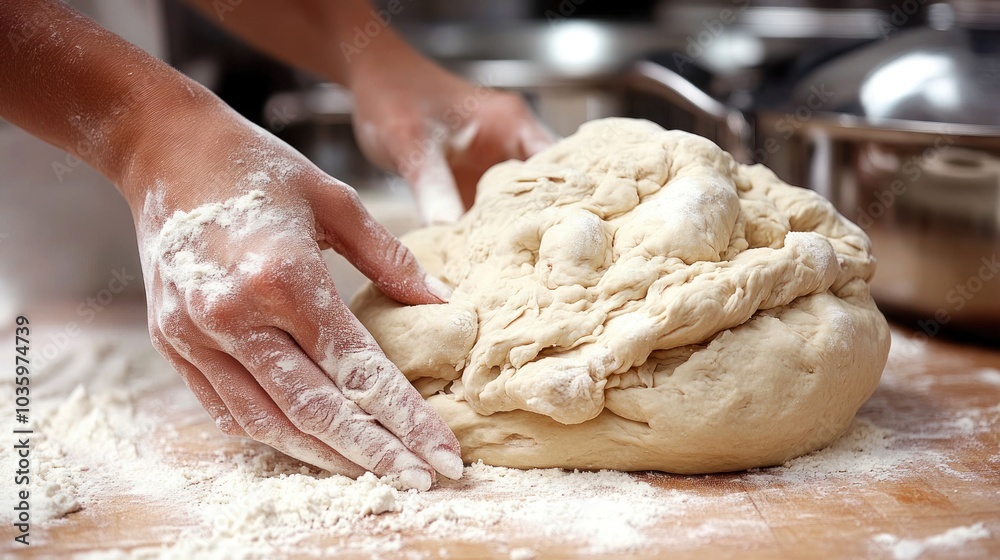 Expert hands expertly work the dough while flour dust fills the warm kitchen Expert hands expertly work the dough while flour dust fills the warm kitchen