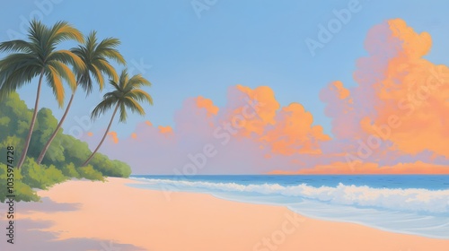 Serene Beach Scene at Sunrise with Colorful Sky