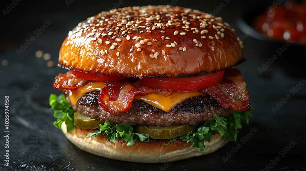 Delicious bacon cheeseburger with lettuce, pickles, tomato, and sesame bun on dark background Delicious bacon cheeseburger with lettuce, pickles, tomato, and sesame bun on dark background