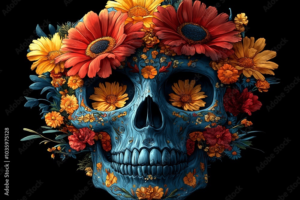 Skull Adorned with Floral Blooms.
Skull Adorned with Floral Blooms.