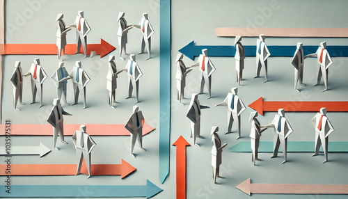 Origami Business Teamwork Scene with Folded Paper Figures in Minimalist Professional Setting Featuring Muted Color Strips and Business Interactions