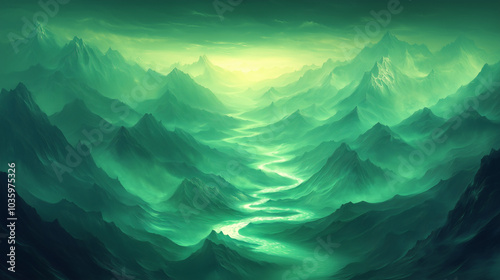 A surreal green mountain landscape with a meandering river under a glowing sky in a fantastical setting