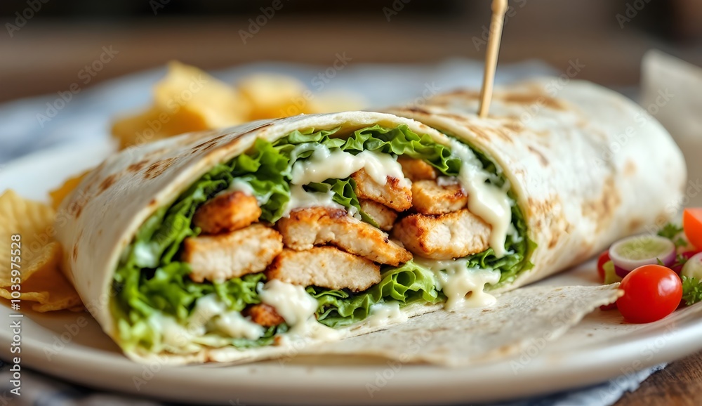 Chicken Caesar Wrap with Grilled Chicken, Romaine Lettuce, and Creamy Dressing (American Cuisine) Chicken Caesar Wrap with Grilled Chicken, Romaine Lettuce, and Creamy Dressing (American Cuisine)