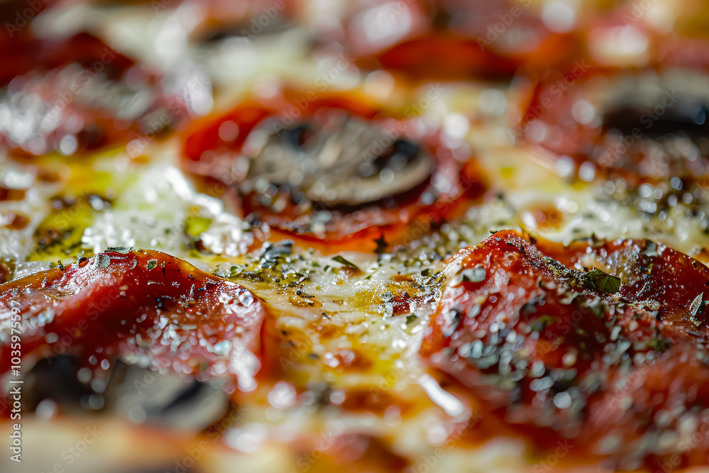 Close up of a pepperoni pizza with mushrooms on top