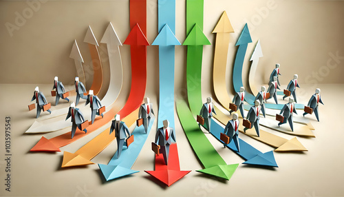 Dynamic Professional Team Progressing Forward in Origami Style, Business Figures in Paper Arrows Pointing Right, Minimalistic Beige Background, Green Blue Orange Red Hues, Folded Paper Business Charac photo