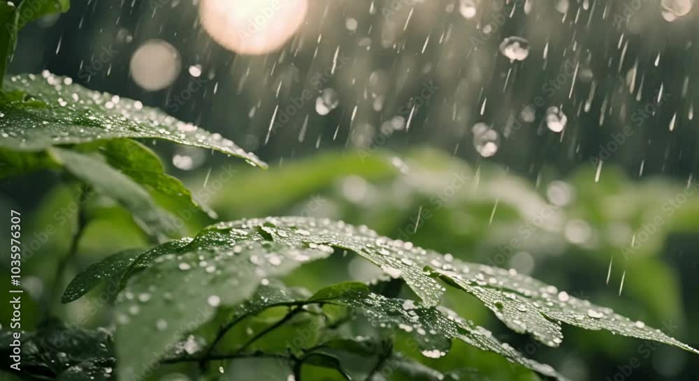 Chuva caindo em folhas.