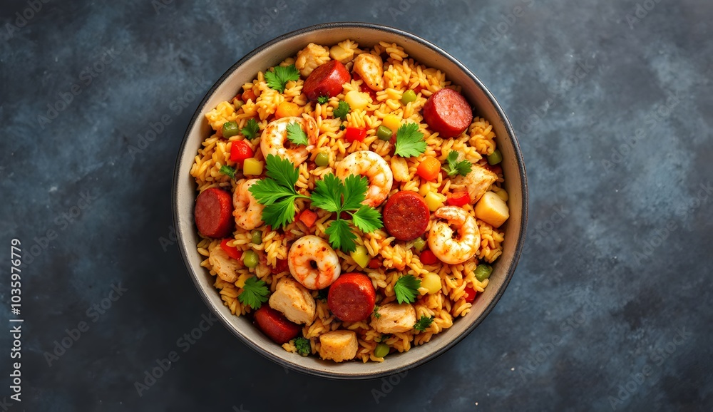 Colorful Jambalaya with Shrimp, Sausage, and Vegetables (American Cuisine)