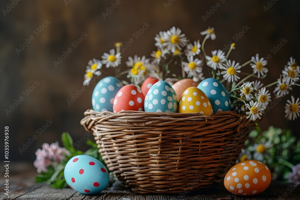Easter eggs in a basket with flowers and branches Easter eggs in a basket with flowers and branches