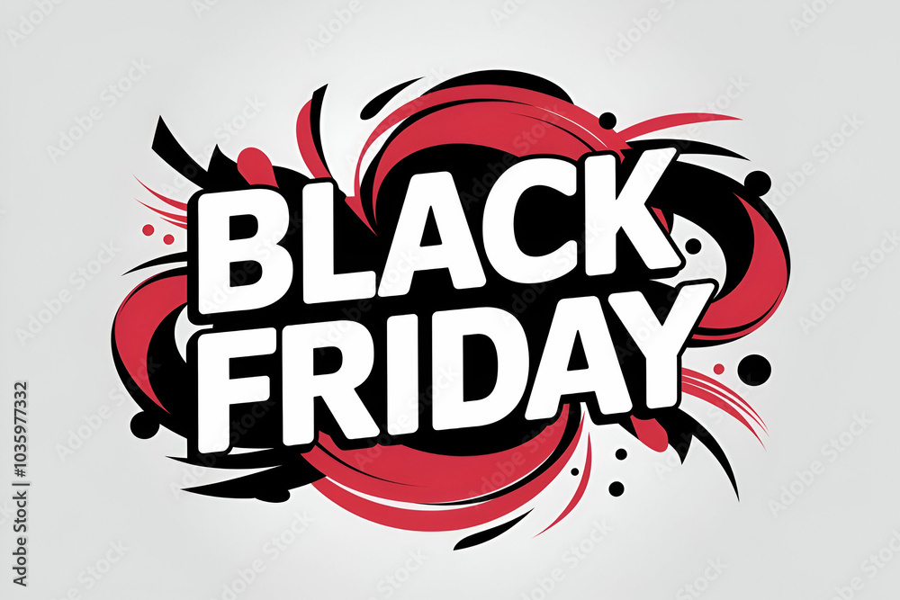 Obraz premium Black Friday graphic showcasing bold, stylized text with vibrant red and black swirls, emphasizing sales and shopping excitement.
