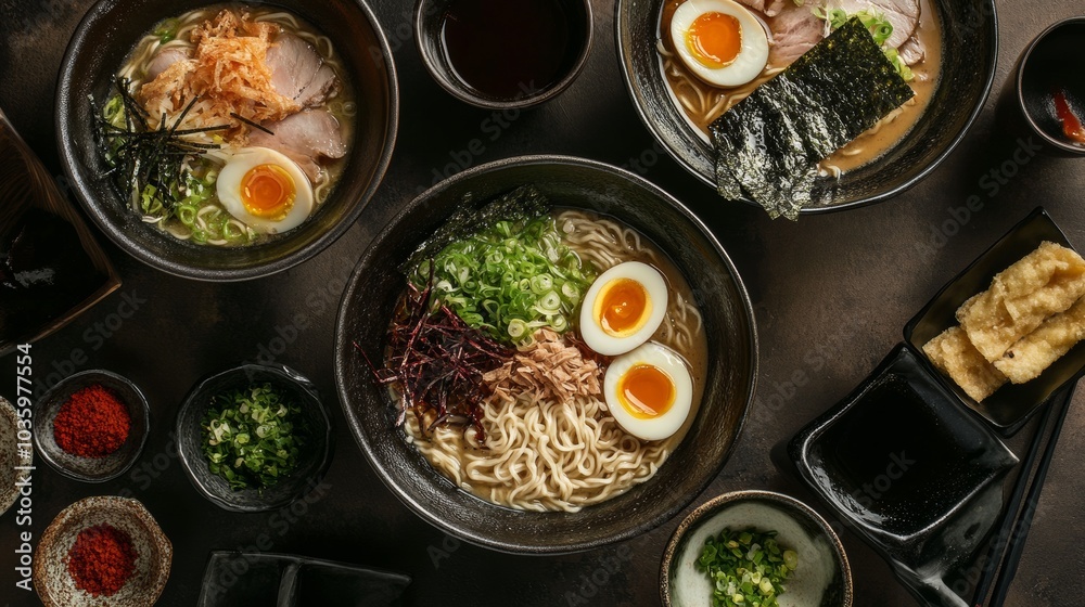 A delectable ramen bar offering choices like miso, tonkotsu, and shoyu broth A delectable ramen bar offering choices like miso, tonkotsu, and shoyu broth