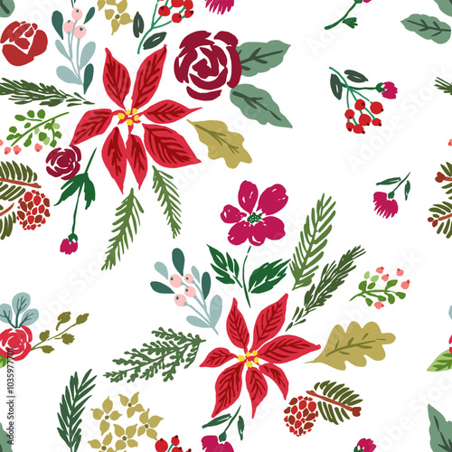 Seamless vector repeat pattern with Christmas bouquets of ed poinsettia, pink berries and green gold branches. Elegant sophisticated Christmas floral background on white for wrapping paper, gift bags