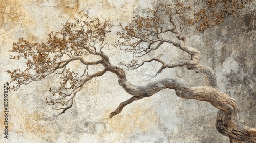 Curly trees with branches and leaves depicted against a textured background ideal for photo wallpaper in interior spaces