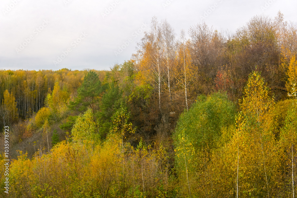 natural landscape, wooded hills with autumn trees in cloudy weather natural landscape, wooded hills with autumn trees in cloudy weather
