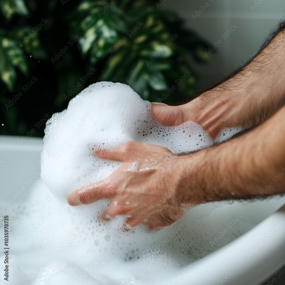 Fototapeta premium Washing hands with foam under the tap in the bathroom. Bathroom decorated with green plants. Earth Day. Hand hygiene. Banner, Poster