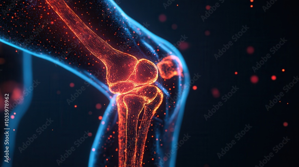 digital anatomy of knee joint showcasing glowing effects, highlighting intricate structure and function of knee. This visualization emphasizes beauty of human anatomy digital anatomy of knee joint showcasing glowing effects, highlighting intricate structure and function of knee. This visualization emphasizes beauty of human anatomy