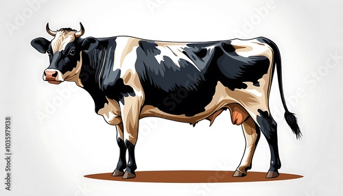 Real cow black and white color body animal  real or illustration art image, background solid color. ganarated by ai image. photo