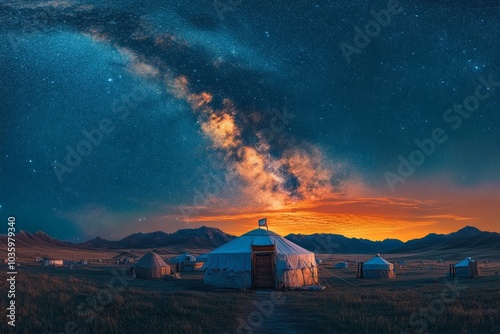 Yurts standing on grass under scenic milky way during sunset photo