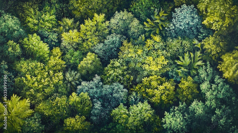 Naklejka premium Aerial view oil painting showcasing a lush forest highlighting themes of ecosystem preservation nature conservation air quality and the importance of protecting our planet