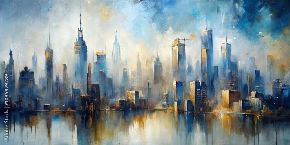 Obraz premium Abstract Cityscape with Golden Reflections - Oil on Canvas, city skyline, water reflection, urban art, cityscape, urban, modern art