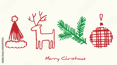 Doodles Christmas elements. Color vector items. Illustration with new year decor. Design for prints and cards. set of Christmas design element in doodle style. Collection of cute Christmas Characters 