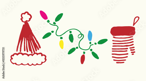 Doodles Christmas elements. Color vector items. Illustration with new year decor. Design for prints and cards. set of Christmas design element in doodle style. Collection of cute Christmas Characters 