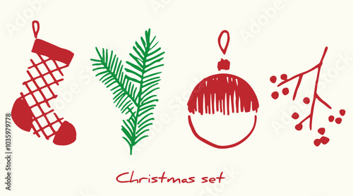 Doodles Christmas elements. Color vector items. Illustration with new year decor. Design for prints and cards. set of Christmas design element in doodle style. Collection of cute Christmas Characters 