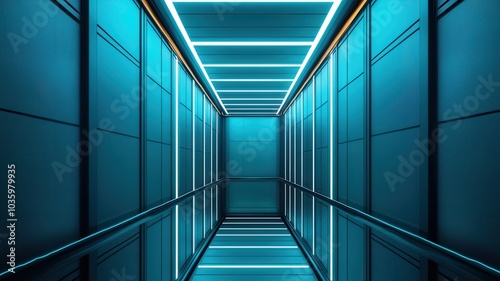 high rise glass elevator shaft featuring sleek, modern design with dramatic blue lighting and reflective surfaces creates captivating atmosphere photo