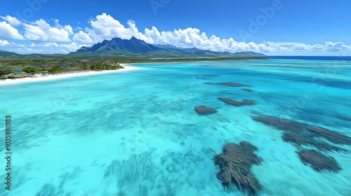 Aerial view of a tropical beach with clear turquoise water, white sand, and lush green mountains in the distance.