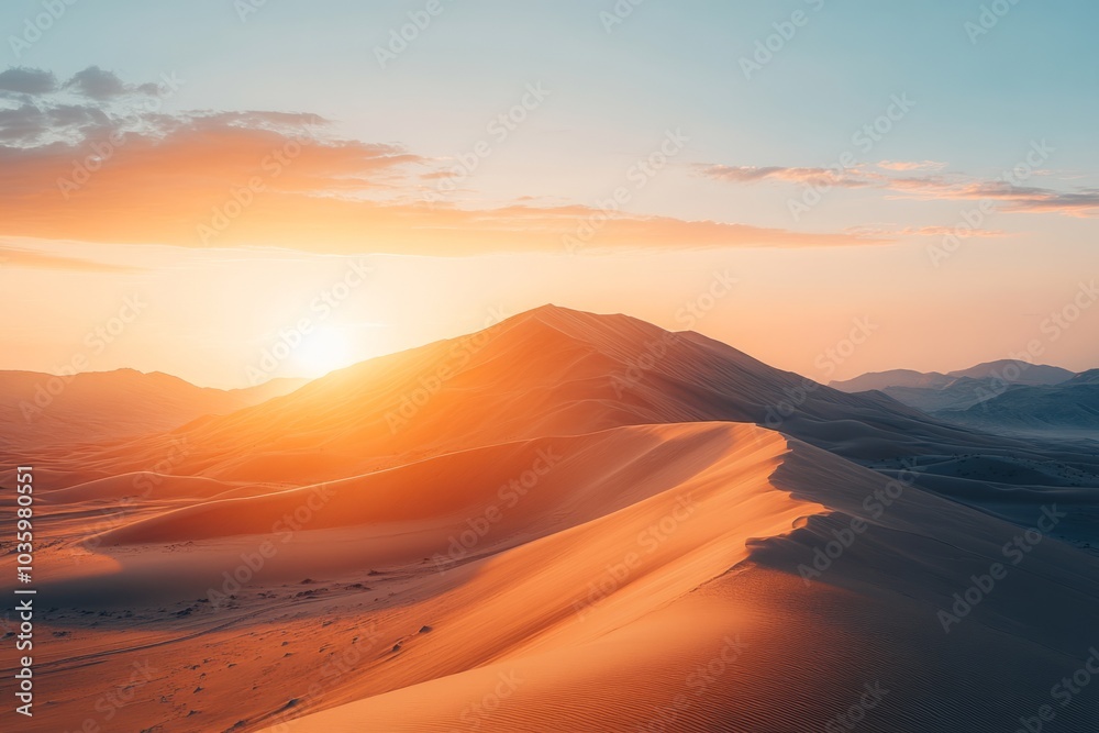 Sun setting behind mountain range illuminating desert sand dunes Sun setting behind mountain range illuminating desert sand dunes