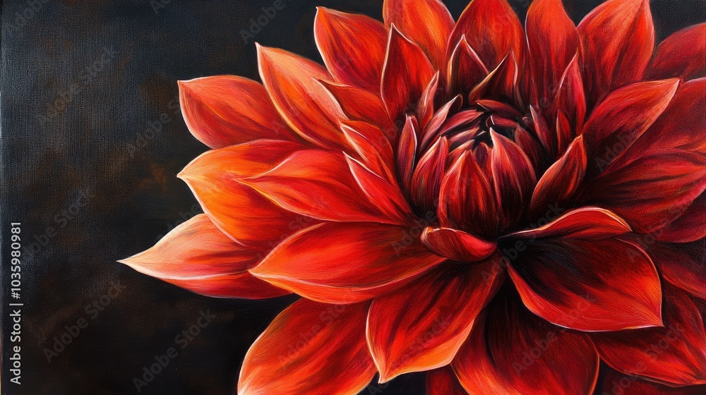 Close up oil painting of a red dahlia flower set against a black background featuring a clipping path for design purposes Ideal for nature and flower themed projects