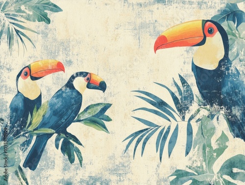 Illustration of a wallpaper design featuring tropical leaves and birds on a textured background showcasing plants and toucans in a vibrant botanical style photo