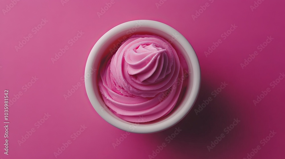 Top view of pink frozen yogurt in a white bowl, on a pink background. Top view of pink frozen yogurt in a white bowl, on a pink background.