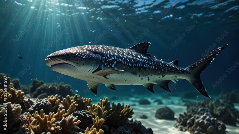 A large, grey shark with white spots swims through the clear blue water over a coral reef. Sunlight shines through the surface. A large, grey shark with white spots swims through the clear blue water over a coral reef. Sunlight shines through the surface.