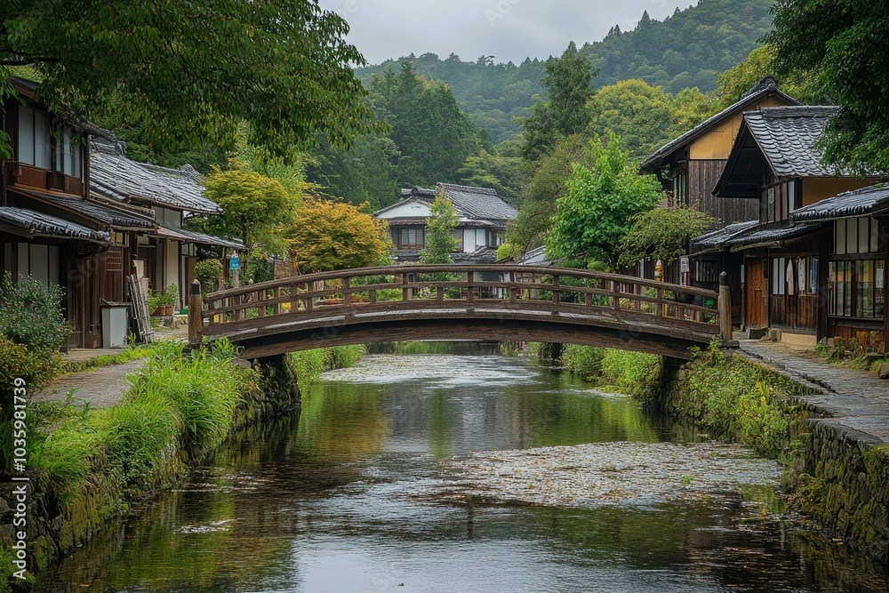 Fototapeta premium Wooden bridge crossing canal with autumn foliage in charming european village