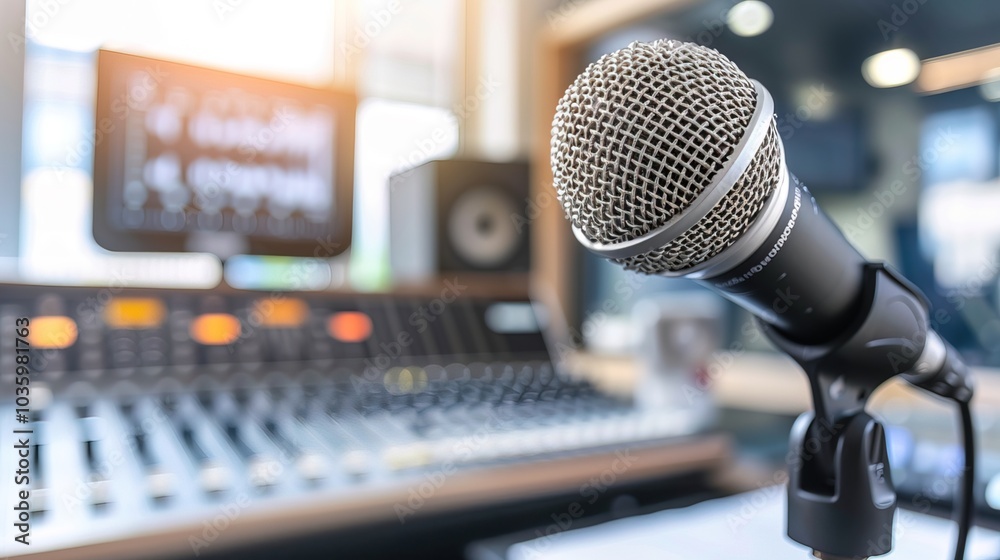Close-up of microphone on stand in soundproof recording studio, positioned in front of script stand, symbolizing voice acting and audio production. Close-up of microphone on stand in soundproof recording studio, positioned in front of script stand, symbolizing voice acting and audio production.
