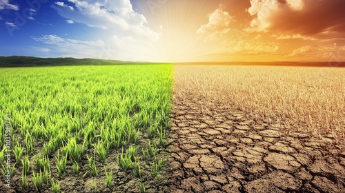 Lush Green Grass Versus Dry Cracked Earth - Climate Change Symbol