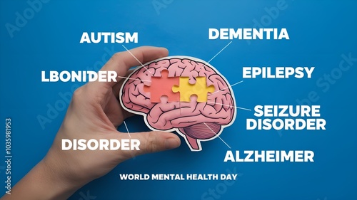 Concept for World Mental Health Day: hands clutching a brain with a jigsaw paper cutout, autism, dementia, epilepsy and Alzheimer's awareness, seizure problem