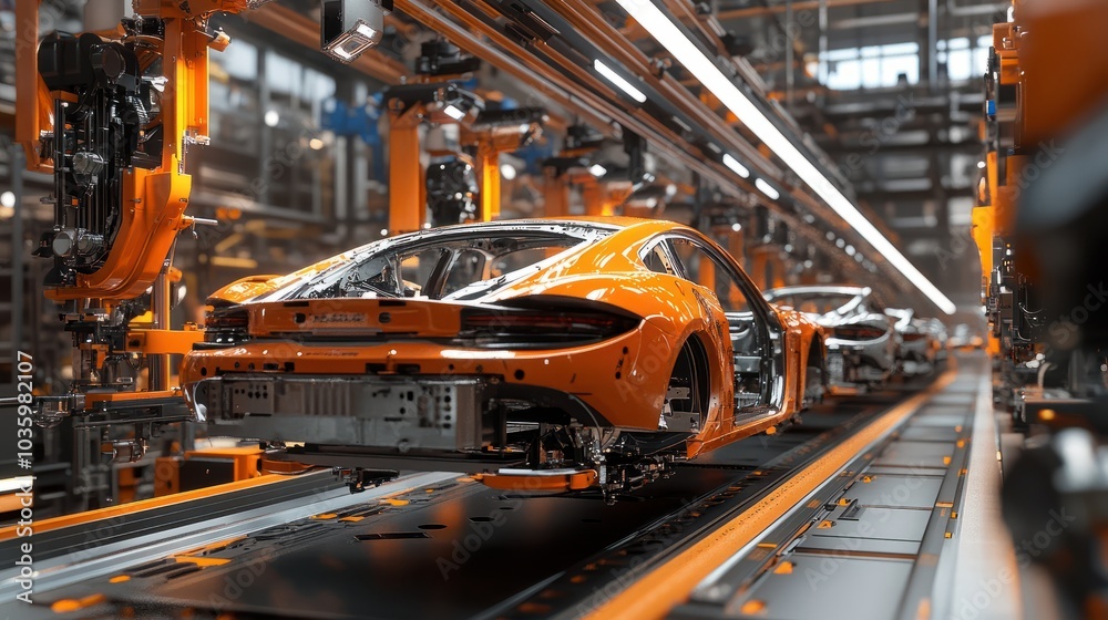 An automotive assembly line showing the process of car manufacturing with multiple car chassis being built in a high-tech production environment, emphasizing precision engineering. An automotive assembly line showing the process of car manufacturing with multiple car chassis being built in a high-tech production environment, emphasizing precision engineering.