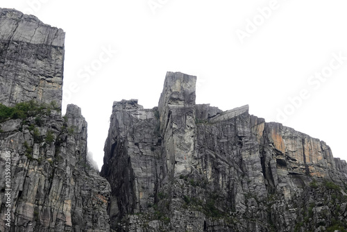 Preikestolen or Pulpit Rock in Norway as seen from down below.