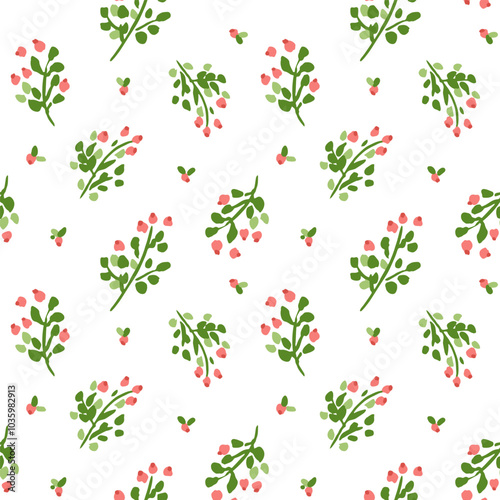 All over vector seamless repeat pattern with ditsy tossed green and coral pink flowers on white background. Easter, everyday, Christmas ditsy floral backdrop for fashion, home decor, bedding sheets