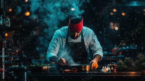 In a contemporary kitchen, a chef focuses intently on preparing a meal surrounded by steam and vibrant activity, embodying the energy of a bustling restaurant