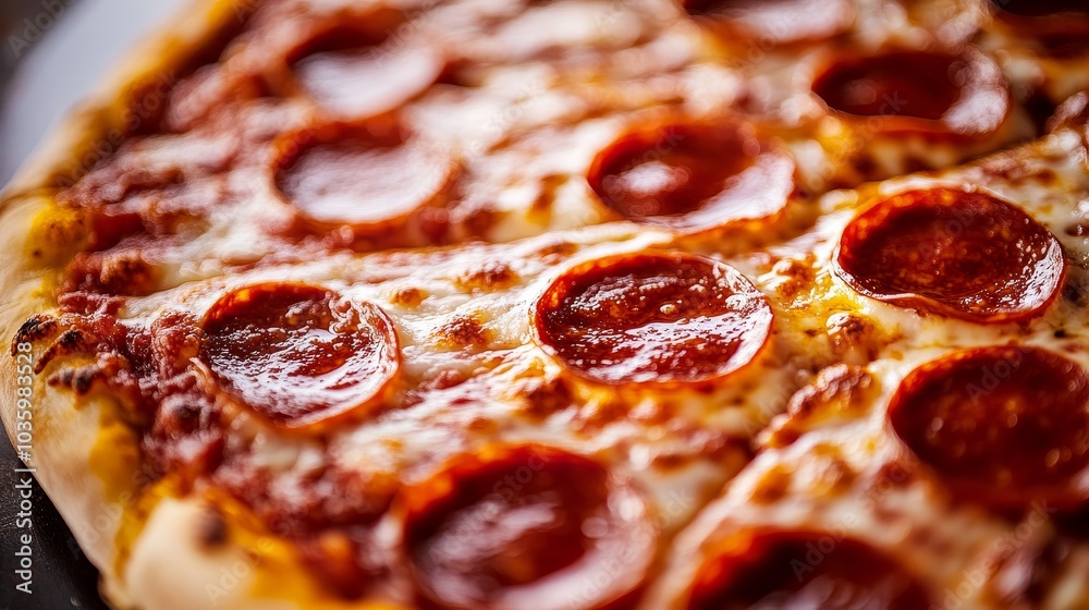 A close-up shot of a freshly baked pepperoni pizza, showcasing the melted cheese, crispy crust, and juicy pepperoni slices. The pizza is a perfect example of classic Italian comfort food, perfect for A close-up shot of a freshly baked pepperoni pizza, showcasing the melted cheese, crispy crust, and juicy pepperoni slices. The pizza is a perfect example of classic Italian comfort food, perfect for